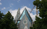 New university buildings in Leipzig's Old Town include this architecture reminiscent of a church and designed to recall a historic church destroyed by East German communists.