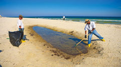 A cleanup crew rakes tar balls on a stretch of Gulf Coast beach earlier this summer.