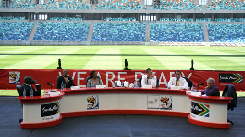 South Africa Tourism and FIFA officials discuss the World Cup at the Moses Mabhida Stadium in Durban.