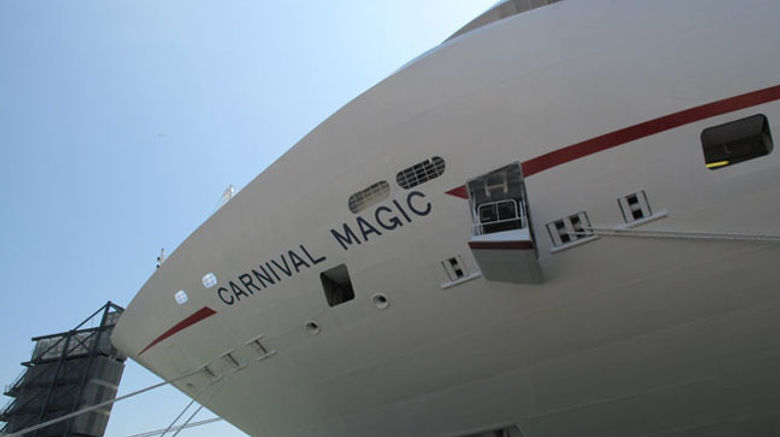 Carnival Cruise Lines named the 23rd ship in its fleet the Carnival Magic in Venice, Italy, on May 1. The 3,600-passenger Carnival Magic also is the 100th ship in the Carnival Corp. family of cruise brands. Pictured here, the ship docked at its berth in Venice. TW photos by Donna Tunney