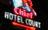 The Chief Hotel Court opened in 1939 near Las Vegas’ downtown district at 1201 E. Fremont Street. The neon sign that remains from the property was created circa 1940, making it one of the oldest neon signs in Las Vegas today. It has been completely restored and is now installed as  public art throughout the downtown Las Vegas area.