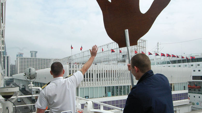 Travel Weekly's editor in chief, Arnie Weissmann, sailed on the Azamara Quest from Hong Kong to Osaka, Japan, and reported back on the experience, with a focus on the Quest's ports of call. Above, Azamara Quest Captain Carl Smith waves to well-wishers just before the Quest departed Hong Kong. Photos by Arnie Weissmann