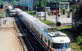 An overhead view of two Amtrak Turbos meeting. Courtesy of Mike Schafer