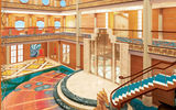 The redesigned grand atrium lobby, with a coral, blue and aquamarine color palette and elements of the sea, takes its inspiration from the art deco era and early 20th century ocean liners and will feature a new chandelier and a grand staircase.