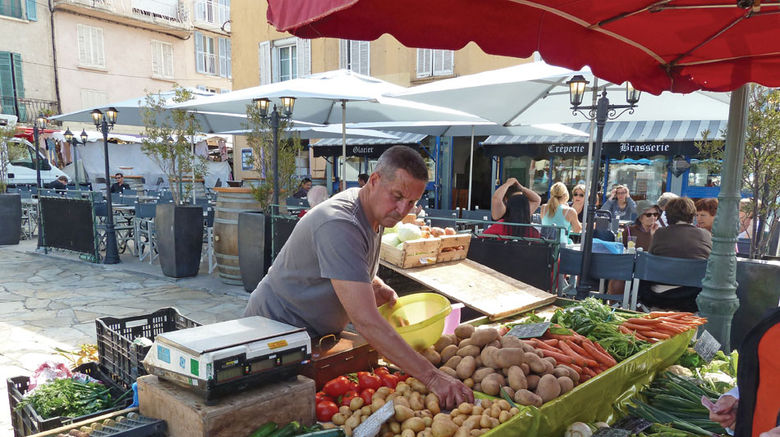 The chefs aboard the Star Pride, the newest Windstar Cruises ship, organized a morning market expedition to shop for ingredients for that evening's dinner on the ship. We visited a weekly produce market in Sanary-Sur-Mer, a small town in the Provence region of France. The chefs were looking in particular for fresh fish and for cheese to make an au gratin dish. About 40 guests came along to watch the chefs in action and browse the harbor-front market, which takes place every Wednesday. TW photos by Tom Stieghorst; posted June 5, 2014