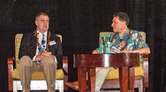 Members of Hawaii's tourism community gathered at the Sheraton Waikiki to attend the 19th annual Travel Weekly Hawaii Leadership Forum earlier this month. Travel advisers, tour operator and airline executives, Hawaiian destination marketers and cultural experts as well as technology experts and a futurist came to the dais to share insights to help grow tourism to the islands. Pictured here, ASTA CEO Zane Kerby, left, was interviewed by Arnie Weissmann, editor in chief of Travel Weekly, about a travel adviser's place in the retail marketplace.