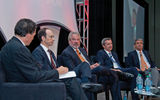 The Presidents Panel, from left, featured Travel Weekly Editor in Chief Arnie Weissmann, Royal Caribbean International CEO Adam Goldstein, Regent Seven Seas President Mark Conroy, Celebrity Cruises CEO Michael Bayley and MSC Cruises USA CEO Rick Sasso.