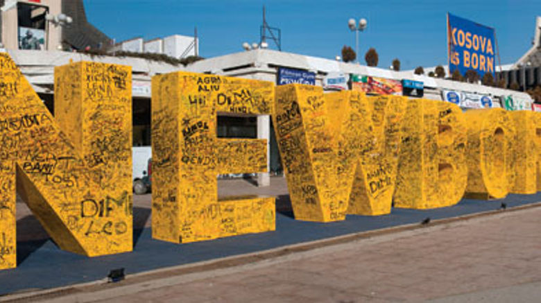 A monument in Pristina commemorating Kosovo’s declaration of independence.