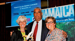 Caribbean Editor Gay Nagle Myers received the Jamaica Tourist Board’s Marcia Vickery Wallace Memorial Award for excellence in travel journalism. Pictured with Myers, left, are board Director John Lynch and Kate Wallace Rogers, Wallace’s daughter.