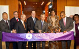 Chicago Mayor Rahm Emanuel cuts the ribbon to mark the completion of a $110 million expansion and renovation of the Hyatt Regency McCormick Place.  The hotel is now Hyatt’s fourth-largest hotel in the world and is the fourth-largest hotel in Chicago. From left, Illinois State Rep. Ken Dunkin; David Phillips of Hyatt Hotels; MPEA Chairman Jack Greenberg; Hyatt Regency McCormick Place General Manager Paul Daly; Emanuel; Chicago Alderman Pat Dowell; State Rep. Christian Mitchell; and State Sen. Mattie Hunter.