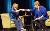 Former Secretary of State Hillary Clinton, left, and Greater Fort Lauderdale Convention & Visitors Bureau President Nicki Grossman share a fist bump at the recent ASTA Global Conference in Miami during a Q&A session conducted by Grossman. In her closing session speech, Clinton praised travel agents, calling them “dream makers,” and talked about the importance of travel in bringing cultures and people together to improve global understanding.
