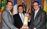 George Markantonis, center, was named the Caribbean Hotelier of the Year by the Caribbean Hotel and Tourism Association at its annual Travel Markeplace in Montego Bay, Jamaica. Markantonis, who is the president and managing director of Kerzner International Bahamas and the president and managing director at Atlantis Paradise Island, is joined at the presentation by Jeff Vasser, left, the new director general and CEO of the CHTA, and Peter Yesawich, vice chair of travel marketing firm MMGY Global.
