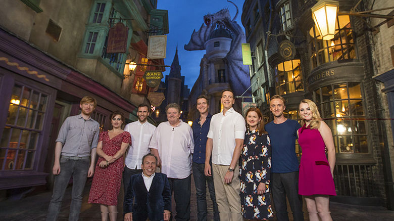 Harry Potter film stars, including Helena Bonham Carter, second front left; Matthew Lewis, third from left; Robbie Coltrane (fifth from left) and Tom Felton second from right, attended an exclusive preview of the Wizarding World of Harry Potter – Diagon Alley at Universal Orlando Resort. The new area, which opened officially on July 8, expands the Harry Potter attraction across both Universal Studios and Islands of Adventure parks.