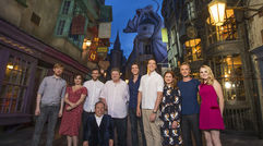Harry Potter film stars, including Helena Bonham Carter, second front left; Matthew Lewis, third from left; Robbie Coltrane (fifth from left) and Tom Felton second from right, attended an exclusive preview of the Wizarding World of Harry Potter – Diagon Alley at Universal Orlando Resort. The new area, which opened officially on July 8, expands the Harry Potter attraction across both Universal Studios and Islands of Adventure parks.