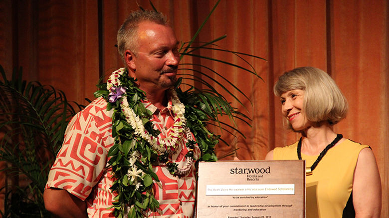 Starwood Hotels & Resorts Hawaii created the Keith Vieira Ho‘owaiwai a Ho‘ona‘auao Endowed Scholarship to honor Vieira, who will retire at year’s end following a 36-year career in the tourism industry, 33 of them with Starwood. The scholarship will be awarded to a Hawaii high school graduate who goes on to pursue a degree at the Shidler College of Business at the University of Hawaii, Vieira’s alma mater. Joining Vieira at the announcement was Donna Vuchinich, president and CEO at the University of Hawaii Foundation.