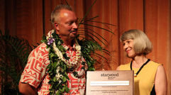 Starwood Hotels & Resorts Hawaii created the Keith Vieira Ho‘owaiwai a Ho‘ona‘auao Endowed Scholarship to honor Vieira, who will retire at year’s end following a 36-year career in the tourism industry, 33 of them with Starwood. The scholarship will be awarded to a Hawaii high school graduate who goes on to pursue a degree at the Shidler College of Business at the University of Hawaii, Vieira’s alma mater. Joining Vieira at the announcement was Donna Vuchinich, president and CEO at the University of Hawaii Foundation.