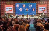 The Mastermind Sales and Marketing panel; seated, from left: Randall Soy of Regent Seven Seas Cruises, Adolfo Perez of Carnival Cruise Line, Vicki Freed of Royal Caribbean International, Dondra Ritzenthaler of Celebrity Cruises, Ken Muskat of MSC Cruises and Eva Jenner of Holland America Line, with moderators Joanie Ogg and Mary Pat Sullivan.