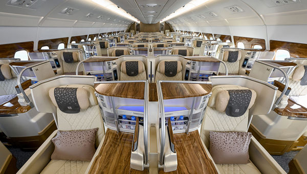Premium Economy 2-3-2 configuration in the upper deck of the Emirates A380 aircraft Premium Economy 2-3-2 configuration in the upper deck of the Emirates A380 aircraft