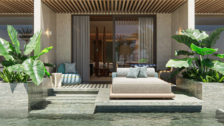 A rendering of a King Room with Patio and Pool