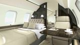 The staged interior of the Bombardier 8000, the company's newest private jet.