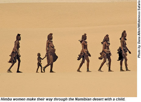Himba women make their way through the Namibian desert.