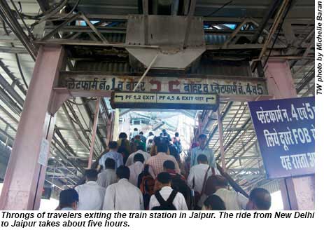 Throngs of travelers exiting the train station in Jaipur.