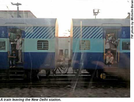 A train leaving the New Delhi station.