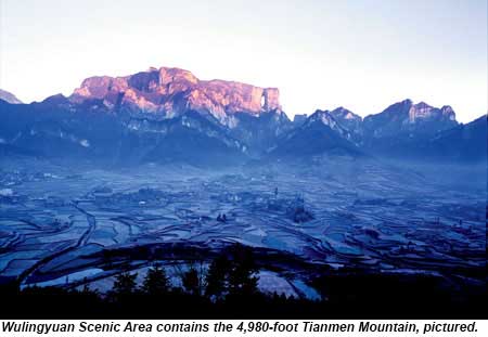Wulingyuan Scenic Area contains the 4,980-foot Tianmen Mountain.