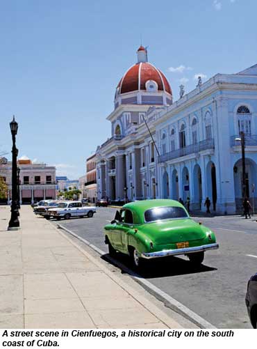 A street scene in Cienfuegos, a historical city on the south coast of Cuba.