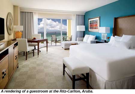 A rendering of a guestroom at the Ritz-Carlton, Aruba.