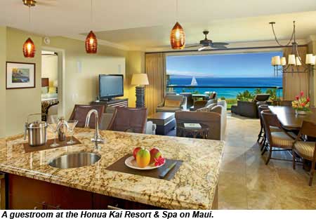 A guestroom at the Honua Kai Resort and Spa on Maui.