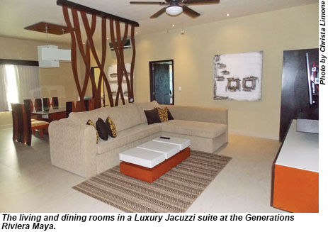 The living and dining rooms in a Luxury Jacuzzi suite at the Generations Riviera Maya.