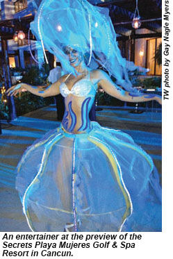 An entertainer at the preview of the Secrets Playa Mujeres in Cancun.