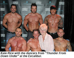 Kate Rice with the dancers from Thunder From Down Under at the Excalibur.