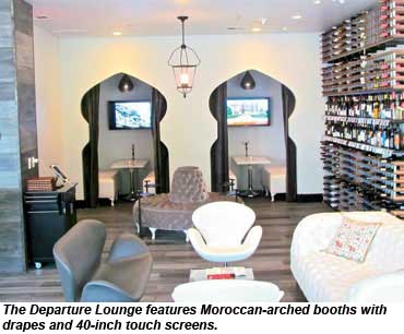 The Departure Lounge features Moroccan-arched booths with drapes and 40-inch touch screens.