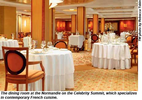 The dining room at the Normandie on the Celebrity Summit, which specializes in contemporary French cuisine.