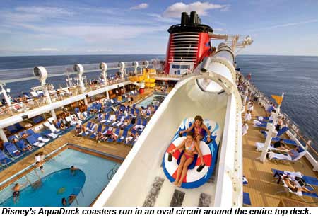 Disneys AquaDuck coasters run in an oval circuit around the entire top deck.