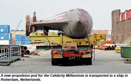 A new propulsion pod for the Celebrity Millennium is transported to a ship in Rotterdam, Netherlands.