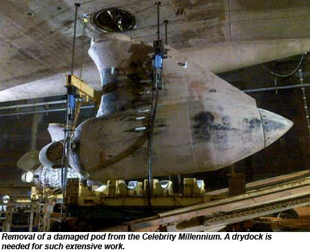 Removal of a damaged pod from the Celebrity Millennium.