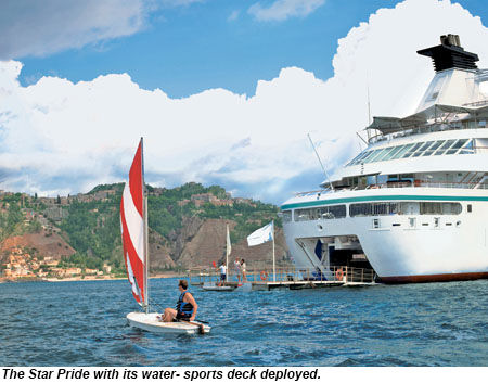 The Star Pride with its water-sports deck deployed.