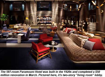 The two-story lobby at the Paramount Hotel.