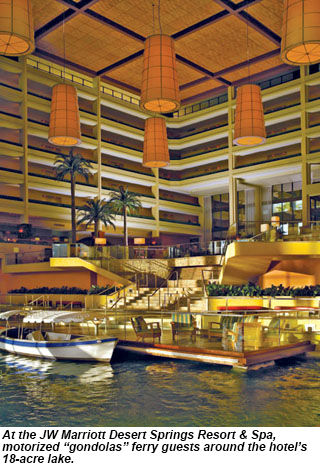 JW Marriott Desert Springs Resort and Spa motorized gondolas ferry guests around the hotels 18-acre lake.