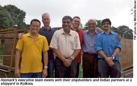 Haimark executives and their shipbuilders meet at a shipyard in Kolkata.