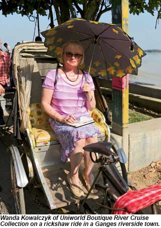 Wanda Kowalczyk of Uniworld Boutique River Cruise Collection on a rickshaw ride in a Ganges riverside town.