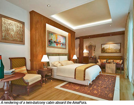 A rendering of a twin-balcony cabin aboard the AmaPura.