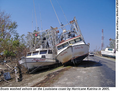 Boats washed ashore on the Louisiana coast after Hurricane Katrina in 2005.