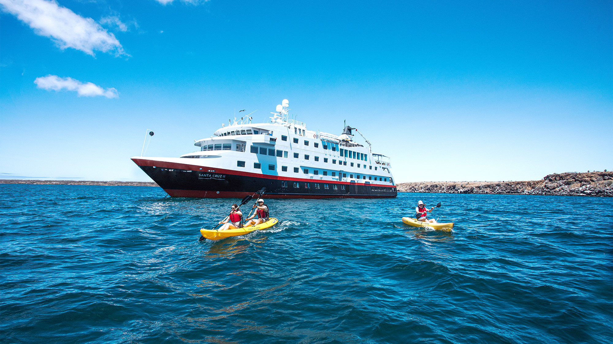 Checking out Hurtigruten Expeditions cruise ship in the Galapagos