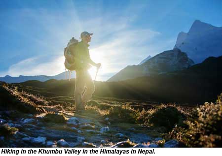 Hiking in the Khumbu Valley in the Himalayas in Nepal.