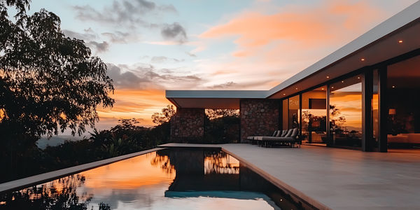 Infinity pool reflects a sunset beside a modern glass-walled house.
