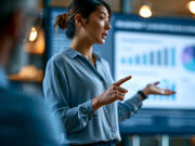 A woman in a blue shirt presents charts during a meeting.